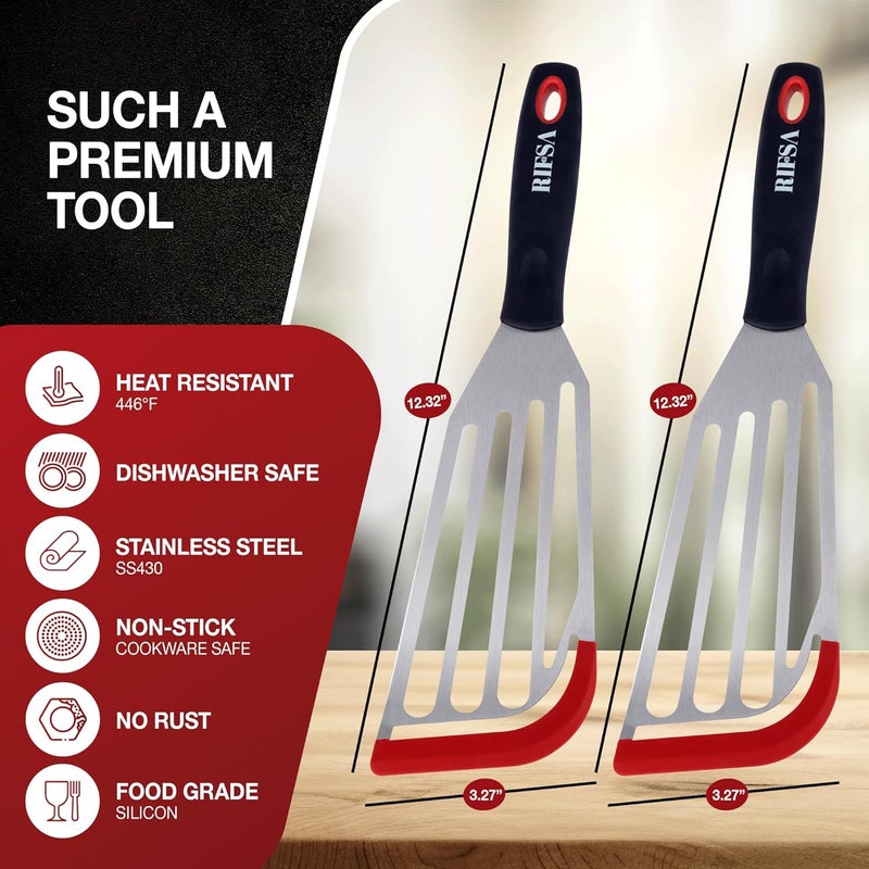 Rifsa Fish Spatula Set of 2, Stainless Steel Fish Spatulas with Heat-Resistant Silicone Tips, Non-Scratch Design for Non-Stick Cookware, Silicone Slotted Spatula for Frying, Flipping Fish, Eggs & Pancakes - Image 2
